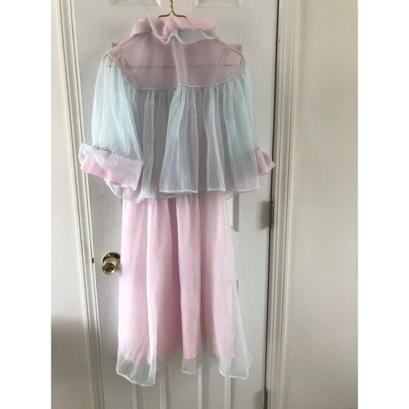 1950's 3 Piece Ensemble Negligees Lingerie Pink & Blue Gown Bed Jacket & Jacket - Picture 3 of 10
